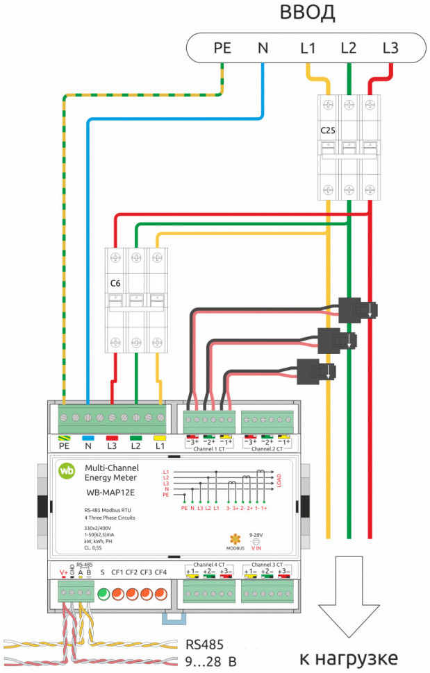 Wiren Board Multi-circuit energy meter with RS-485, Modbus RTU for industrial metering of four three-phase loads WB-MAP12E