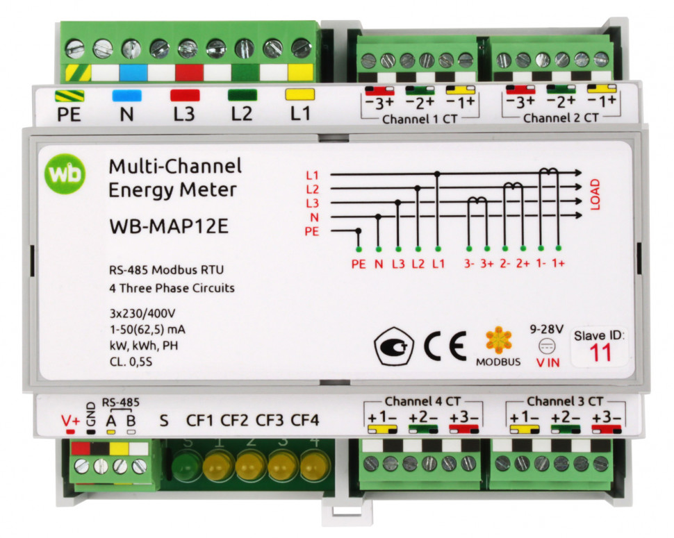 Wiren Board Multi-circuit energy meter with RS-485, Modbus RTU for industrial metering of four three-phase loads WB-MAP12E