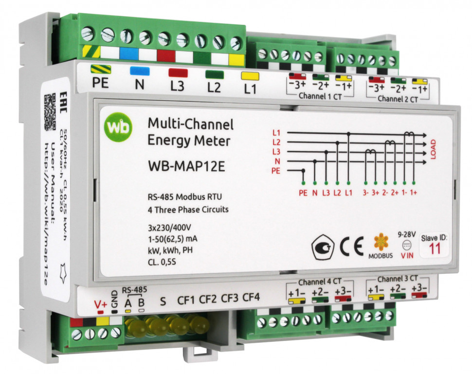 Wiren Board Multi-circuit energy meter with RS-485, Modbus RTU for industrial metering of four three-phase loads WB-MAP12E