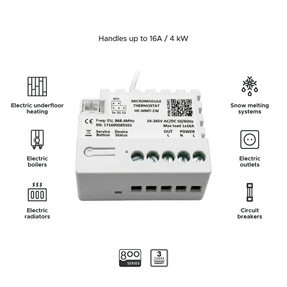 Micromodule Thermostat 1 Channel (1x16A) with 3m NTC sensor Heltun MMT-ZW