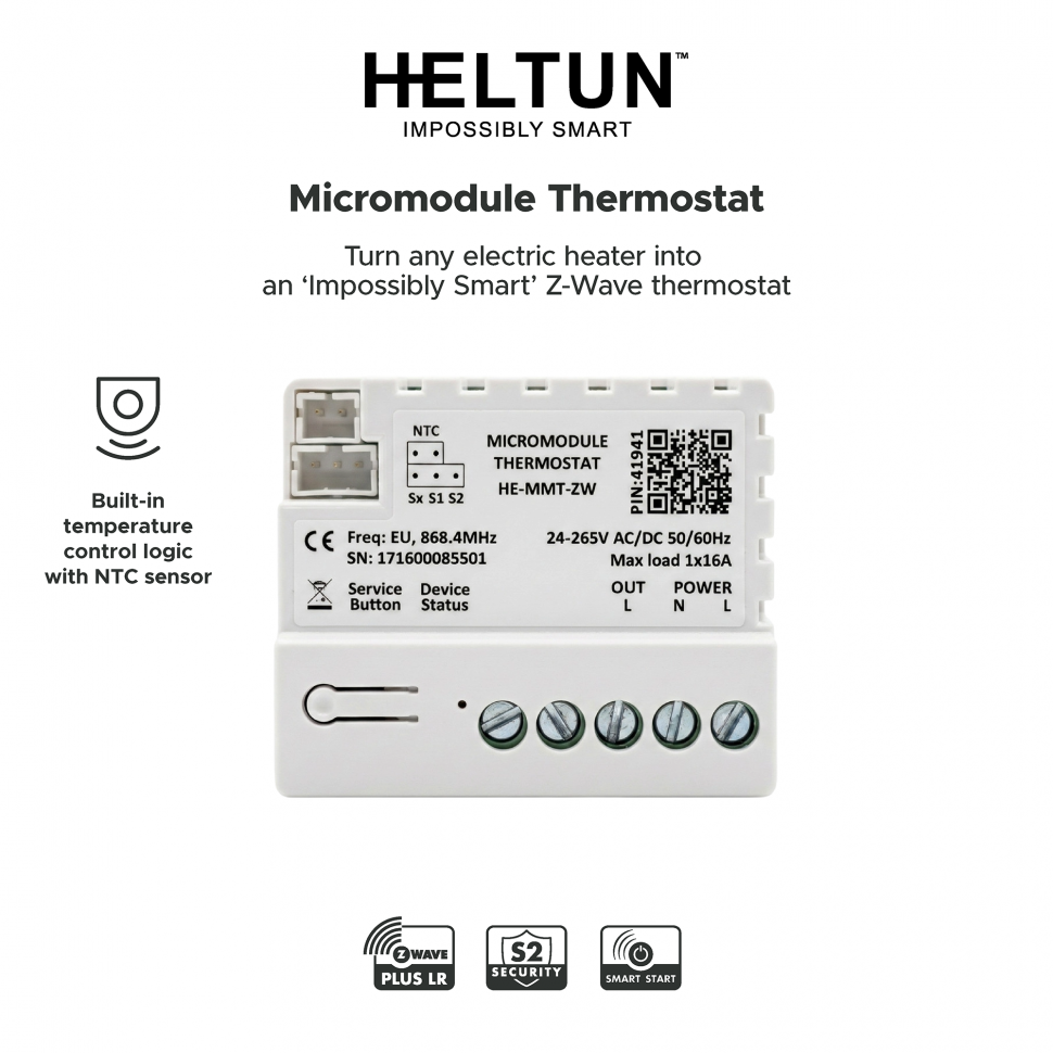 Micromodule Thermostat 1 Channel (1x16A) with 3m NTC sensor Heltun MMT-ZW
